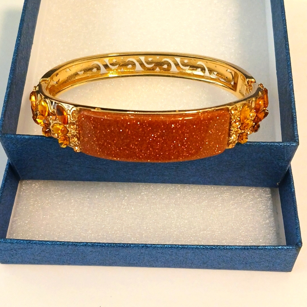 Gold Sandstone,Champagne Glass and Champagne Austrian Crystal Bangle Bracelet.